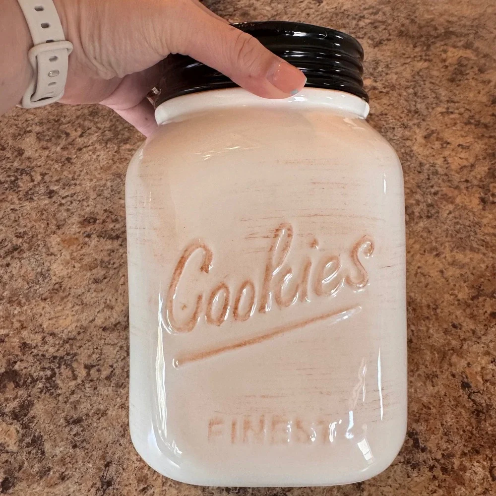 Farmhouse Ceramic Mason Jar Cookie Jar White Distressed Vintage Country Kitchen